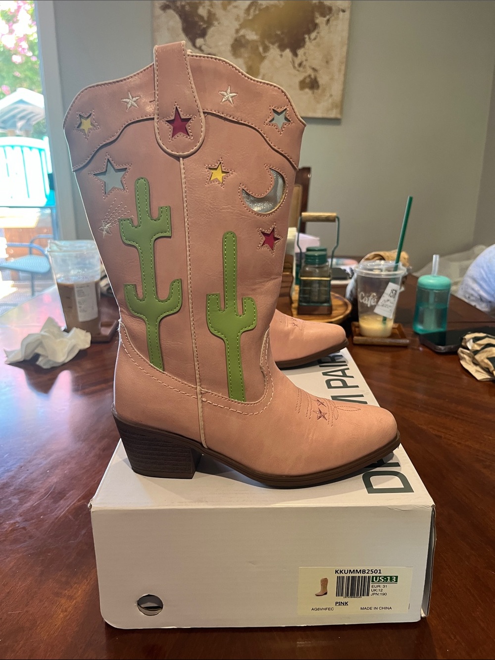Dream Pairs Pink Kids Cowboy Boots with Green Cactus Appliqués